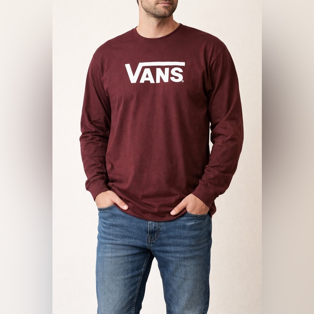 Vans Long Sleeve Logo Tee - Maroon with White Logo